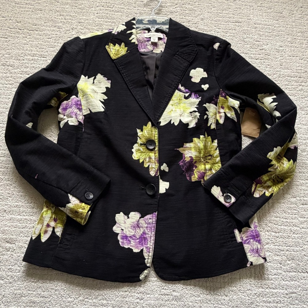 Coldwater Creek Glorious Floral Jacket Black Purple Chartreuse Blazer 10 NWT